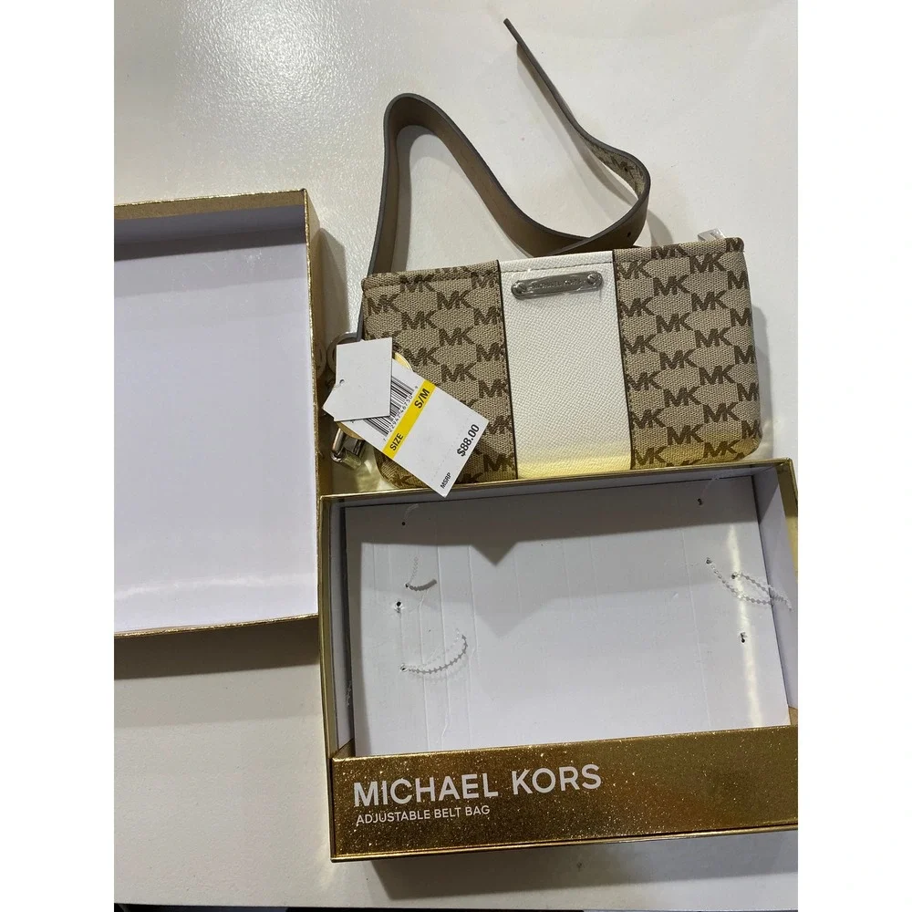 Michael Kors Brown Monogram White Panel Adjustable Belt Bag Fanny Pack S/M NEW